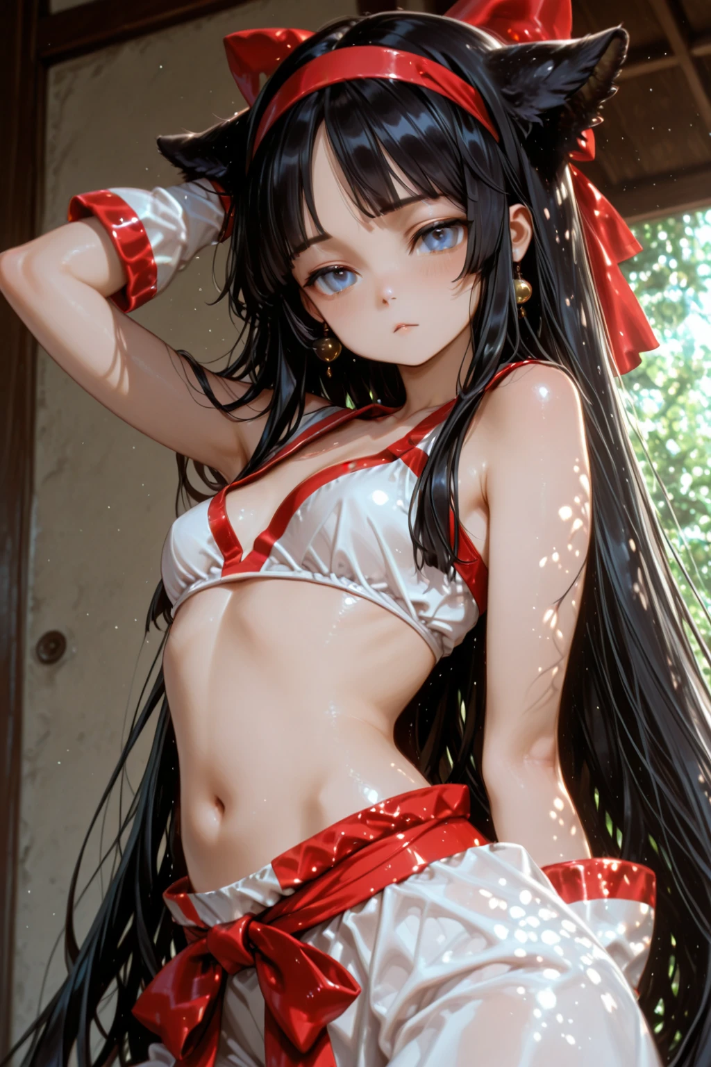 masterpiece,best quality,black_long_hair,  1girl, , dark_light_skin, yellow_eyes, two_small_cat_ears, (teenager_girl), long_hair, armpit, white_panties, big_legs, no_bra, shorts_dress,big_hips, ribbon_hair, open_legs, half_smile.