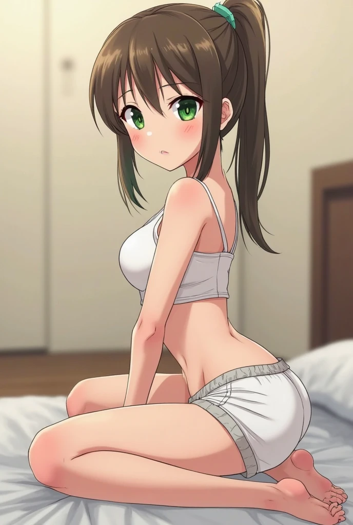 ((masterpiece, Highest quality, High resolution, 超High resolution, Pixel perfect, Written boundary depth, 4K, RTTX 10.0, High resolution))), 1 girl, single, alone, Beautiful Anime Girls, Beautiful art style, Anime characters, ((Shortcuts, bangs, Dark brown hair)), ((Green Eyes:1.4, Round eyes, Beautiful eyelashes, current eyes)), ((Smooth texture:0.75, Anime CG style)), ((Dynamic Angle, close)), Perfect body, (pretty girl), Flat Chest,whole body, (White jacket), (Light Pink)Tank top, (Pink Thong), (High leg), (High Cut), Erect nipples, Slim and narrow waist, belly button, Small hips, Only the waist, (partially exposed), (Twin tails), White ribbon, Dark Eyes, (Crotch wedge), Bedroom, bed,
