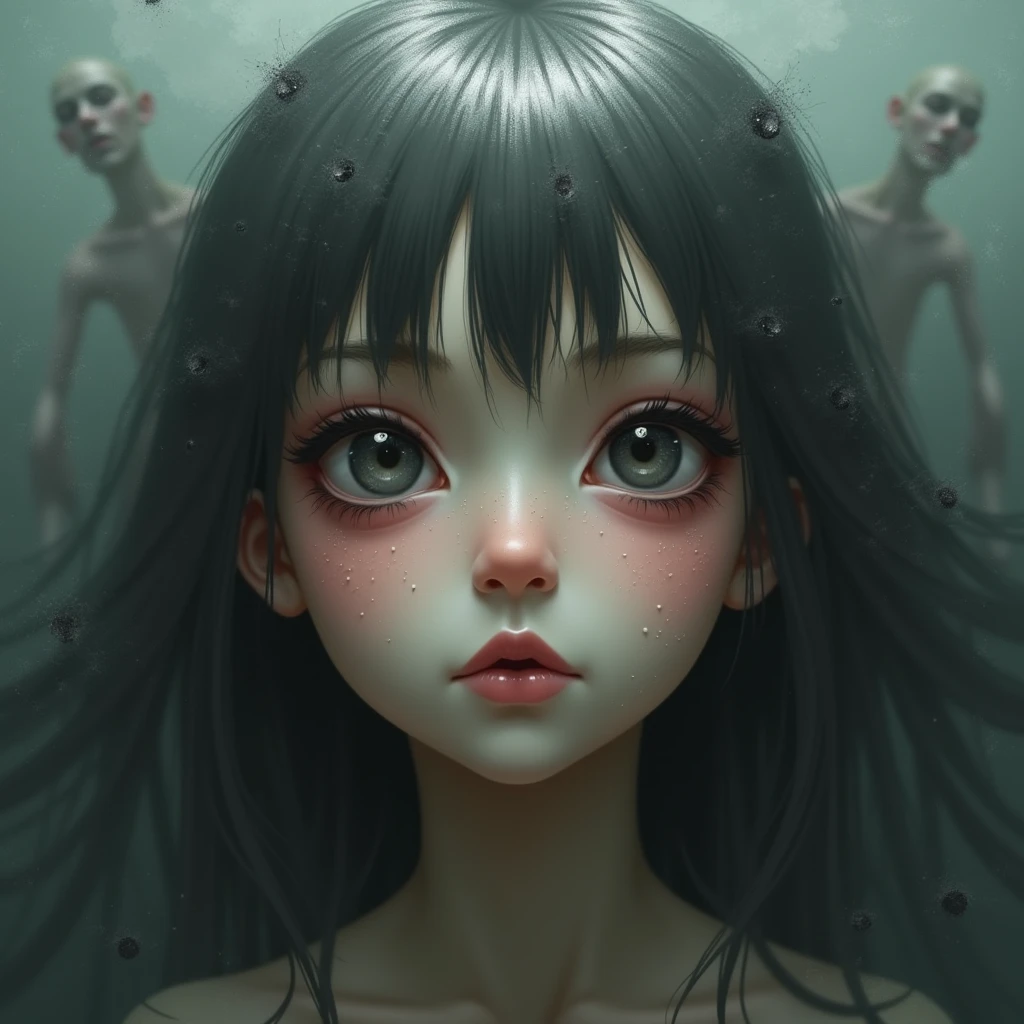 japanese line art ,(aged black background:1.2) , weathered canvas and brushstroke , High detail, high definition, and highly detailed masterpiece. Double exposure of ( crying girl in swimsuit) and (a liminal space). Mystical, luminist atmosphere. In the style of takato yamamoto, grotesque, (star pattern background:1) , <lora:takma2:1.2>