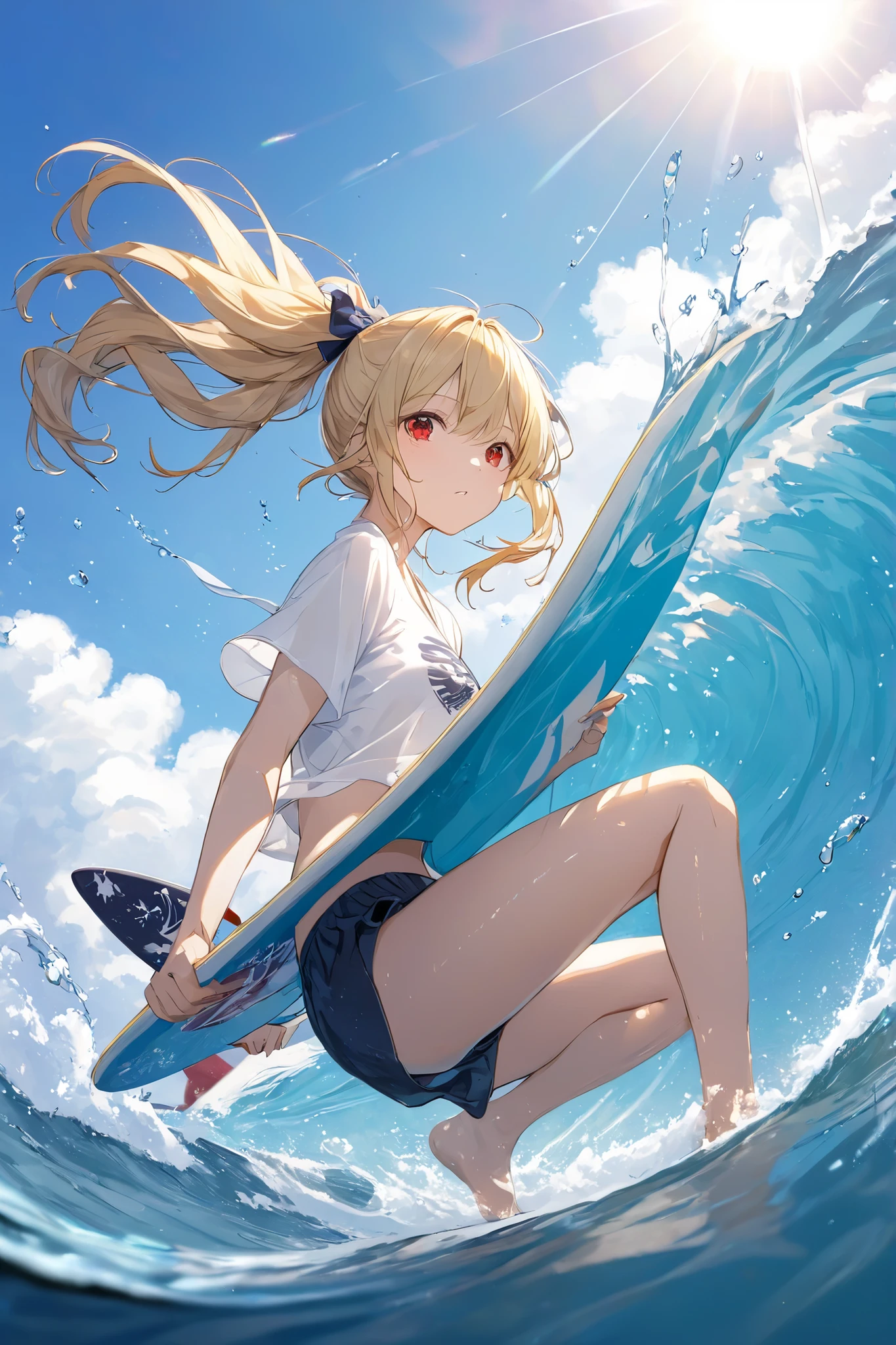 water surface、overlay、Summer Sun、surfing、long hair、splash、ponytail that flies the plate、Blonde、red eyes、Rin々Seems