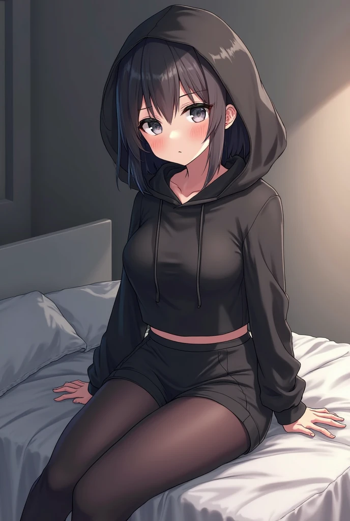 Browsing Caution,From the back,((POV Hand:1.3)),((Spanking:1.3)),((Perfect Anatomy:1.5,Realistic,:1.3,RAW Photos:1.3,masterpiece、Highest quality、Ultra - High resolution、High resolution、Highly detailed CG、8k)),Cowboy Shot,1 female,alone,profile、20 year old beauty,(Beautiful and graceful face and eyes,Big and beautiful eyes),Bright green eyes,(Black Hair,ponytail,Short Hair,bangs),(Mid-chest,Slender body,Small Head,skinny, Glowing Skin,Oily skin,Glowing Skin),((Hooded sweatshirt,オーバーサイズHooded sweatshirt,white_Knee socks,white panties)),one's home、Graffiti art、Tokyo、