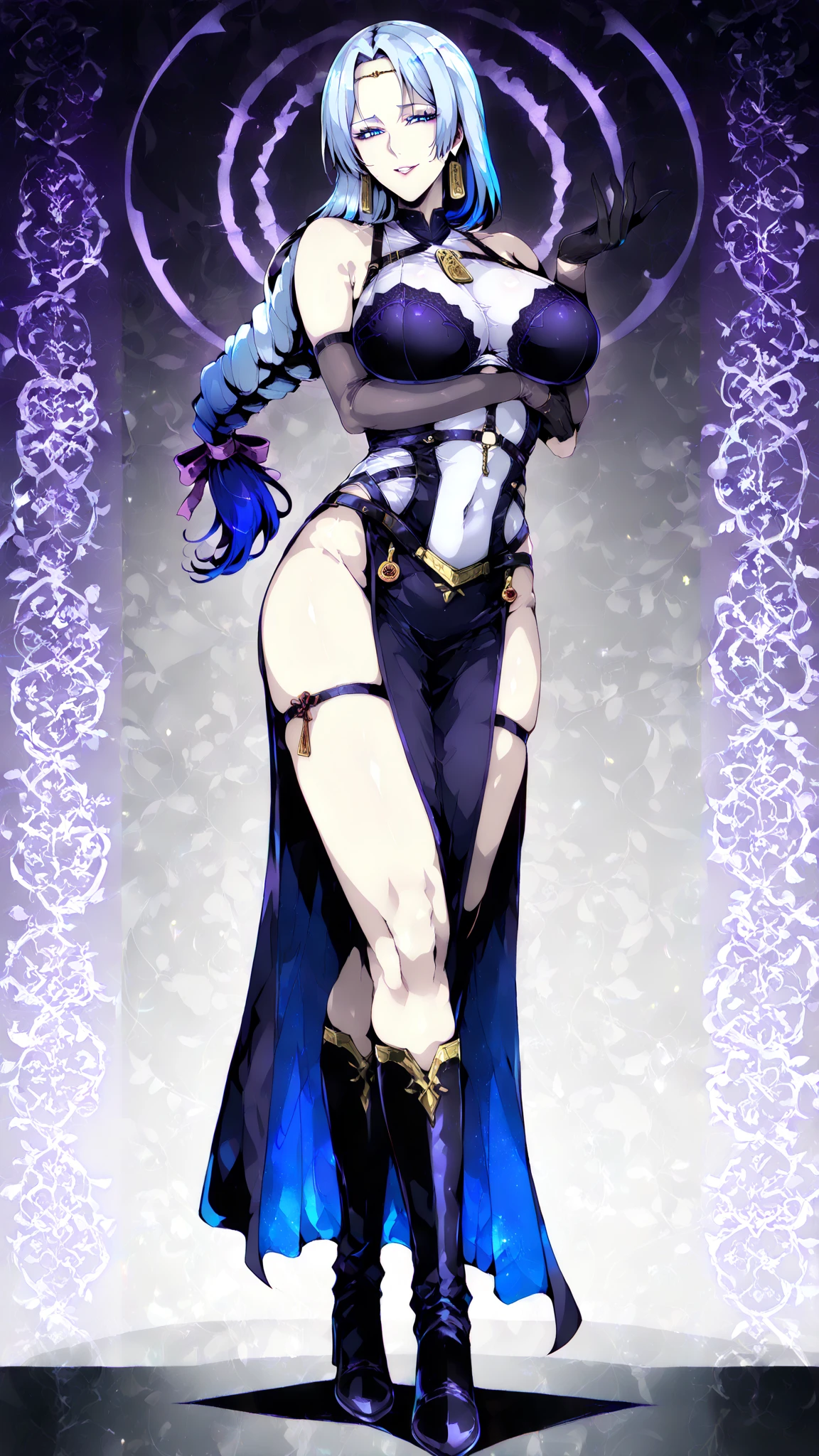 A beautiful woman, short purple hair, long bangs covering her left eye, a headband on her forehead, an exquisite and charming face, a mysterious gaze, a faint smile, draped over her shoulders  a thick fur scarf connected to sleeves made of the same fur, a fantasy-style bikini outfit, showcases her delicate and alluring figure, a fur belt around her waist, the background features a cracked giant stone in the wilderness emitting an eerie glow, this character embodies a finely crafted fantasy-style female villain in anime style, exquisite and mature manga art style, perfect body, perfect nose, goddess, femminine, high definition, best quality, highres, ultra-detailed, ultra-fine painting, extremely delicate, professional, anatomically correct, symmetrical face, extremely detailed eyes and face, high quality eyes, creativity, RAW photo, UHD, 8k, Natural light, cinematic lighting, masterpiece-anatomy-perfect, masterpiece:1.5