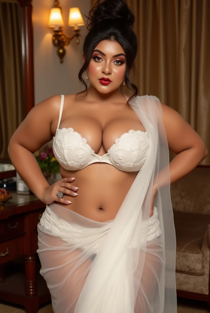 1 Beautiful and celestial goddess beauty sweet and beautiful face Arab woman in front of the fungus forest, Heavenly beautiful Overweight, Extremely beautiful heavenly , Beautiful and attractive heavenly with curves , Luxurious style saree and bra, beautiful and attractive, reaching, Beautiful heavenly Arab woman, 16K, high resolution, work of art, highest quallity, thin skin, outside view, photography realistic, close-up view of the figure, Heavenly beautiful smiling face