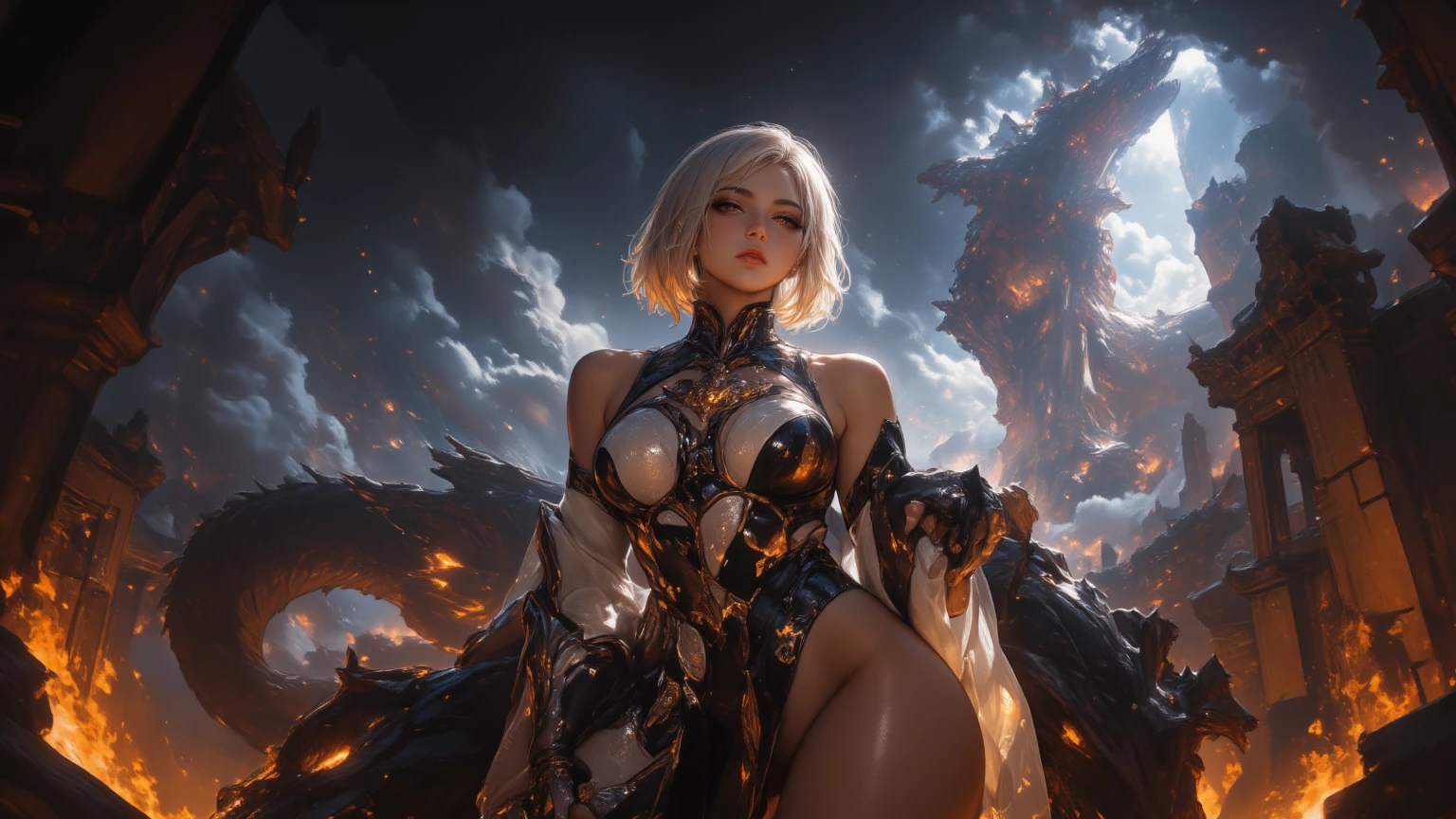 A Masterpiece，4k，Hyperdetailed，photorealistic, beautiful woman, x-men Storm, x-men Storm white costume, sexy white costume, creating lightning from hands, using x-men Storm powers, white costume, white cape, half-smile, exquisite facial features, exposed breasts, exposed legs, exposed body, exposed pussy, sexy, perfect body, slender body, slender hips, nsfw, Squat on the rooftop of a tall building, crouching on edge of rooftop, squatting, crouching, dark dystopian metropolis in background, night time, legs open, legs spread, low-angle shot, worm's-eye view, perfect lighting, beautiful woman, detailed defined body, using x-men Storm cosplay, using x-men storm powers, 1girl, solo, panorama, Nikon, masterpiece, super detail, award winning, 16k, textured skin, highly detailed skin, realistic skin details, visible pores, sharp focus, volumetric fog, 8k uhd, DSLR, high quality, film grain, fair skin, photo realism, white (V0id3nergy:1)