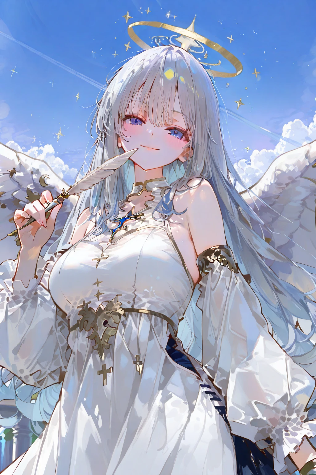 ((RAW photo)), ((masterpiece)), Anthropomorphic Humanoid Angel Girl in White Noble Robe, intricate details, futobot, Complex Griebles works, The sky behind, pink, beautiful wings, detailed eyes and lips