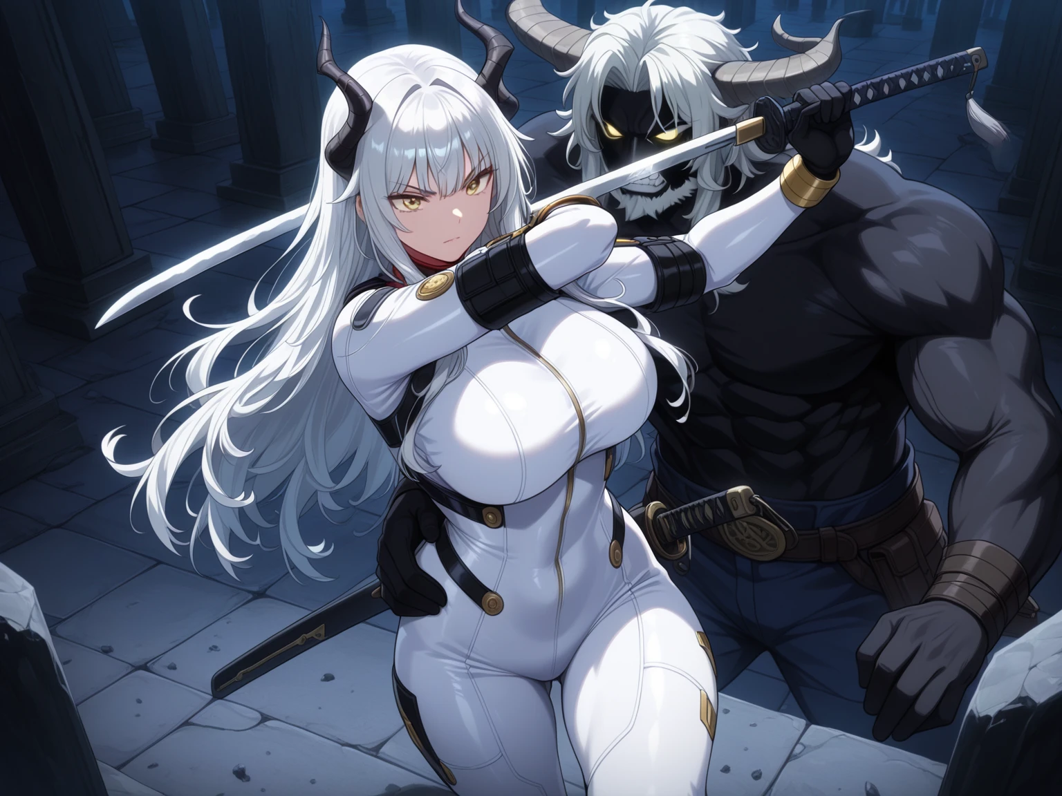 ((woman with long gray hair with ponytail, red eyes)),((dark skin)),((muscle)),((folded arms)),((facing the spectator)),(( giant breasts, bare breasts, completely naked, with a belt covering her pussy)),((grabbing breasts, sullen face)),((in a bad haunted castle, at night)),