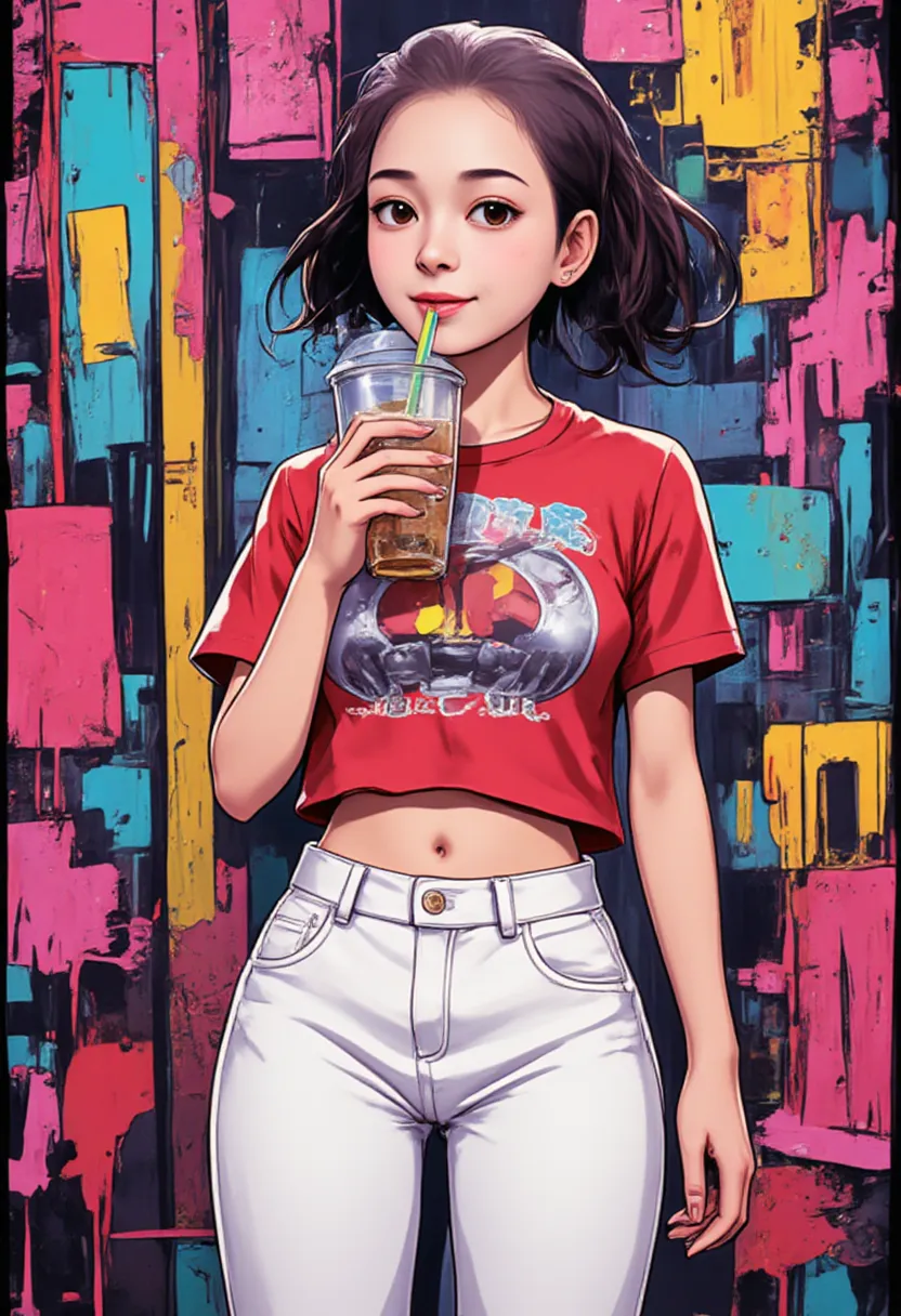 (vintage),(Retro),(Cartel), coca cola advertising with perfect girl, clothing oversized blue jeans and white t-shirt with open waist(sexy), military environment, Masterpiece, (comics)