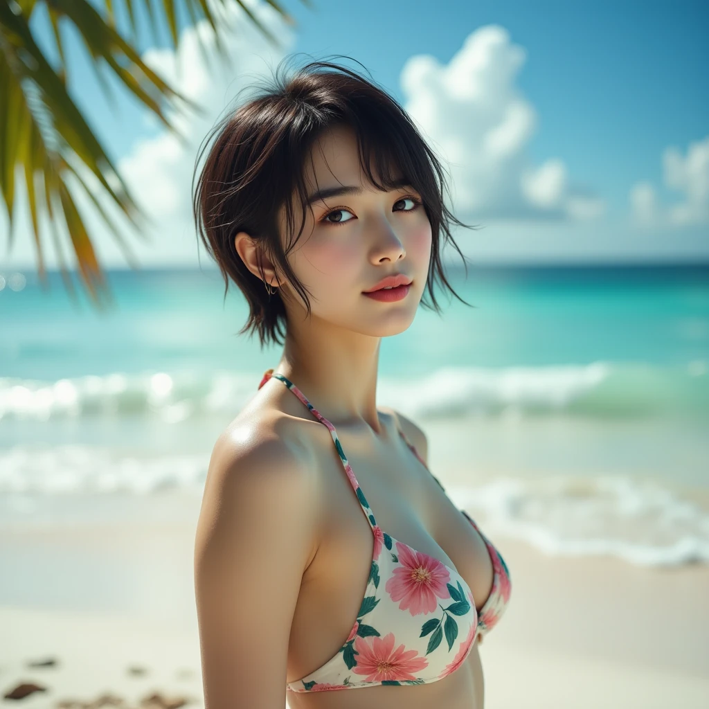 (RAW Photos: 1.2), (Photorealistic: 1.4), (Masterpieces: 1.3), (Best Quality: 1.4), Ultra High Resolution, (Detailed Eyes), (Detailed Facial Features), (Detailed Clothing Features), HDR, 8k Resolution, Camera Angle from Below, Bangs, Skin Tightness, (Glossy Skin), (Slender Girl), Dreamy,
(extreme detailed view), confirmation of commentary, request for commentary, landscape of Tahiti, no text,
Virtual Girl - Rin, Small Tits, Various Pose, Bob Hair, Short Hair, Brown Hair, Brown Eyes,
1 girl, back figure, small hips,
various swimwear, bikini, colorful, intricate swimsuit in design, hotel BER, night view,
Happiness, smile,