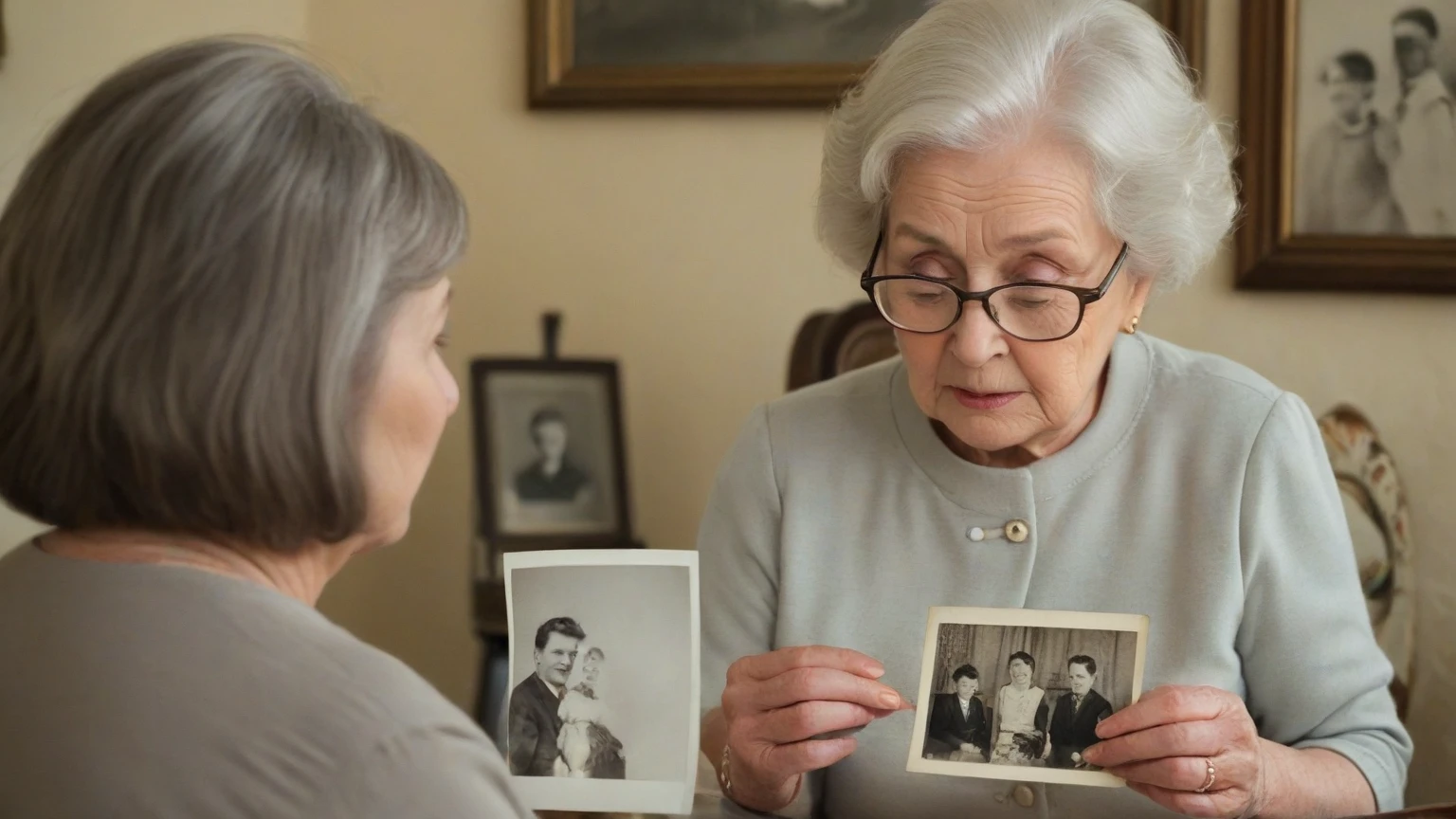 Photo Canon EOS 6D Mark II RF 24-70 mm F2.8L IS USM with the image of a 70-year-old woman, woman sitting at an empty table in a dark room and holding an old photo card, photo of a young soldier, woman looks excited, woman waiting, woman is sad, pay attention to a woman's emotions, pay attention to the texture of the skin on the woman's face and hands, age spots, high detail, Maximum photorealism, a high resolution, granularity