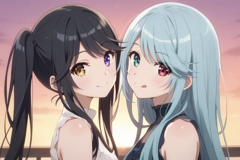 Dos chicas, una chica cabello azul marino, vestido de novia color negro sonrisa ligera, una chica cabello rojo, vestido de novia color rojo oscuro, sonrisa ligera, mirada al frente, de pie, fondo de ciudad con rascacielos, noche, verano