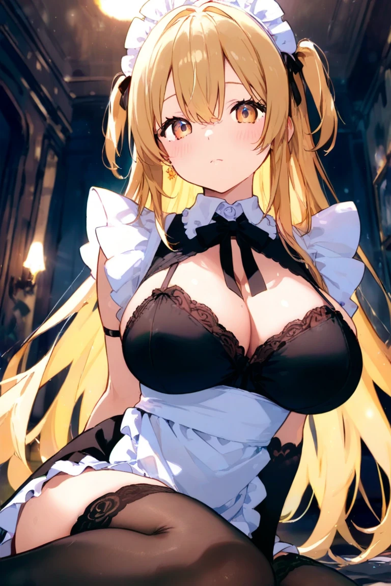 ((((Obra maestra, La mejor calidad, ultrahigh resolution)))), 1girl, kneeling,), ((long pure blonde hair, hair over eye)), long hair cut, shiny skin, ((green eyes)), glowing_eyes, neon eyes, (ultra detailed eyes:0.7, beautiful and detailed face, detailed eyes:0.9), smirk, facing viewer, ((vibrant background, dark lighting, summer, sunlight)), large chested, looking at viewer, ((half closed eyes)), ((perfect hands)), (((head:1, arms, hips in view, elbows, in view))), ((hands behind back)), empty eyes, beautiful lighting, ((outside, outdoors)), defined subject, head tilt, (((gritty)), ((creepy)), ((cool)), ((beautiful)), (((SFW))), hair ornament, petals in the air, moon in the sky, city, mature woman, adult woman, sfw, pink and white dress, night dress, she is a princess, large chest, big boobs,