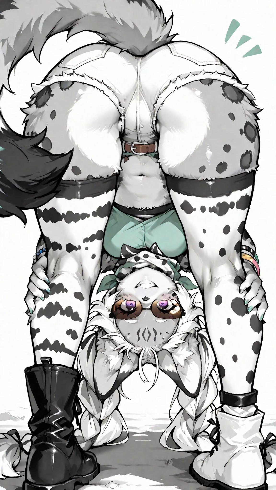 1 person、juvenile、Shota、gray spot hyena man,　Grey body、masterpiece、highest quality、Revealing light green lace underwear、Bra with ribbon、Knee-high socks、garter belt、Embarrassed face、Sitting、Side view、Swollen crotch、Ass、Look Away、Earrings