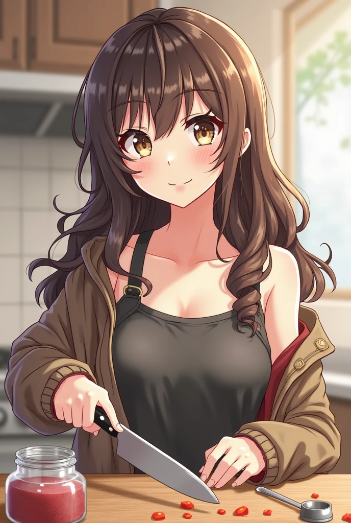 curly hair, medium hair,1 girl, solo, medium breasts, tummy, orange shirt, high neck, sleeveless, kitchen, pasta on table, dark brown skirt, blush, annoyed, looking down, big bellybutton, abs, hands on hips, large navel, dark brown hair, milf
