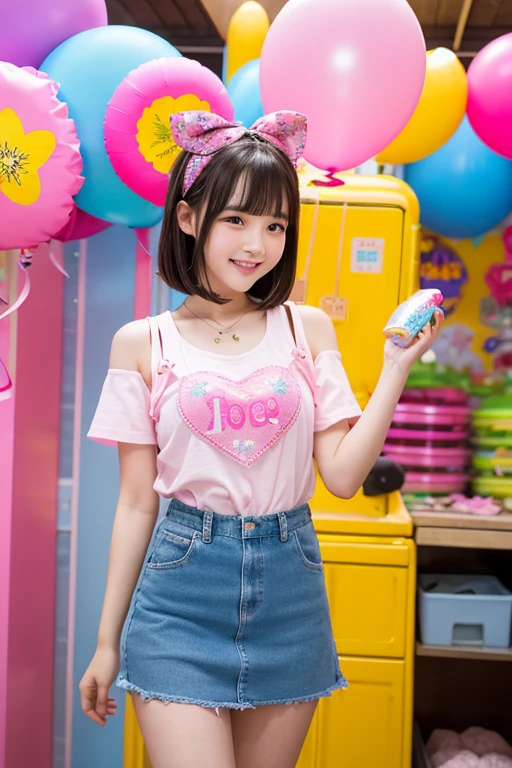 A young woman stands in front of a colorful pop background and smiles at the camera。The background is bright pink and yellow、Decorated in vibrant colors such as blue、Toys and candy、Bottles lined up。Balloons and stuffed toys、Colorful bottles are displayed in a lively manner.。
The woman has dark brown hair、The bangs are cut straight。The headband has a pink ribbon attached.、Some of the hair is dyed blue and pink.。Her expression is adorable、A light pink blush is applied to the cheeks.。
She is wearing a white short top、The top is printed with pink hearts and stars.。There is a small pink ribbon in the center of the top.。Her skirt is purple、The frills are layered with heart and star patterns.。The top of the skirt has a blue ribbon、The overall impression is pop and cute.。
The woman holds a yellow fruit in one hand.、The other hand is on the counter。The background is packed with lots of colorful details.、The overall atmosphere is bright and cheerful.。