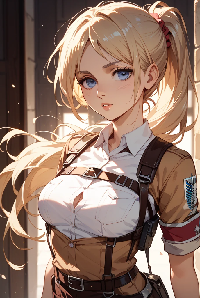 super fine illustration, ultra high resolution, masterpiece, highest quality, perfect dark skin, perfect lighting, detailed lighting, dramatic shadow, ray tracing, 1 beautiful white milf, looking at the viewer, small breasts, exposed cleavage, beautiful detailed hazel eyes, sharp face, clear eyes, long bang, ((medium curly blond hair:1.2)), ((post-apocalyptic fiction)), ((desert:1.2)), Upper body, battle suit, military harness, Alice Abernathy - Resident Evil Series, Milla Jovovich,