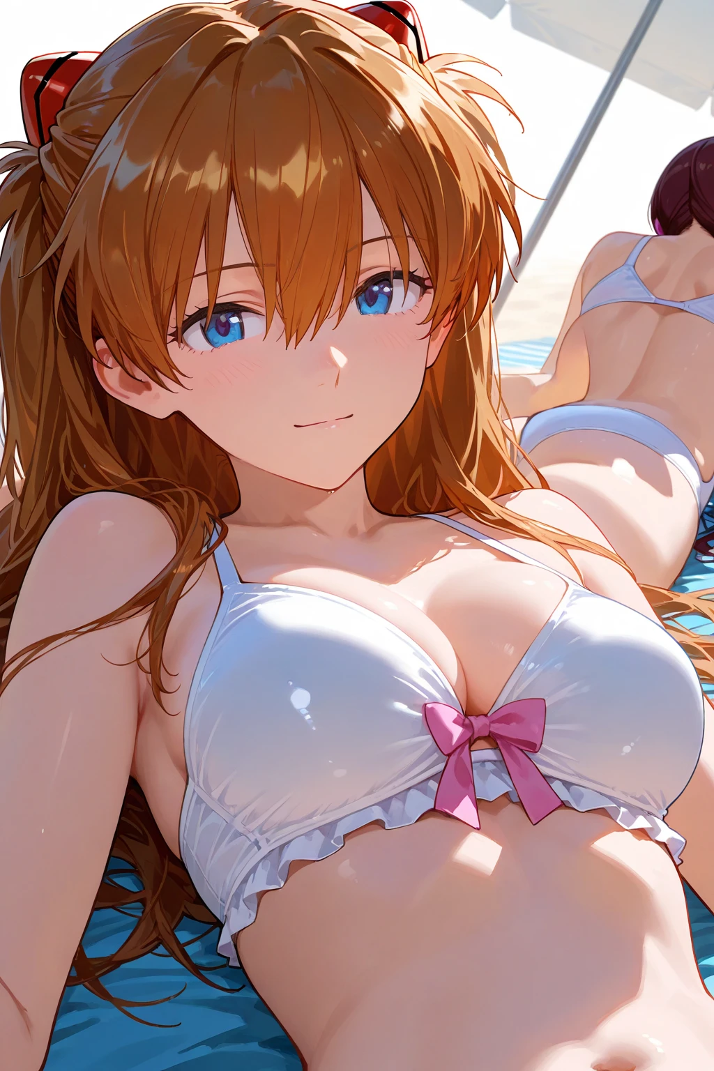 (((masterpiece, best quality, highres, UHD, perfect pixel, depth of field, 4k, RTX, HDR))), 1girl,  (lying on bed:1.2), on back, spread legs, pillow, embarrassed, (red blush:1), very huge breasts, brown hair, long hair, twintails, (red eyes:1), collarbone, white bikini, navel, side-tie bikini, (a sexy), beach, ocean, blue sky, looking at viewer, {{Extremely delicate and beautiful}}, the Extremely Detailed CG Unity 8K Wallpapers, (Shiny hair:1.2), (Shiny skin:1.5),