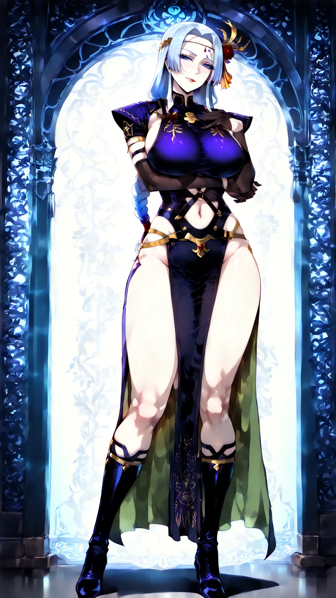 tmasterpiece,Best quality,extremely detaild CG unified 8k wallpapers, tmasterpiece, Best quality, CG, optics ,Raiden Mei (((Honkai Impact 3rd))),detail processing,((Purple pupil)),headgear, Purple long straight hair,((,MILF,A mature woman)),Huge breast,Intimacies,eventide,Clear face,face expressionless,bangle,((dancer/transparent sarong)), Black stockings,fur straw shawl