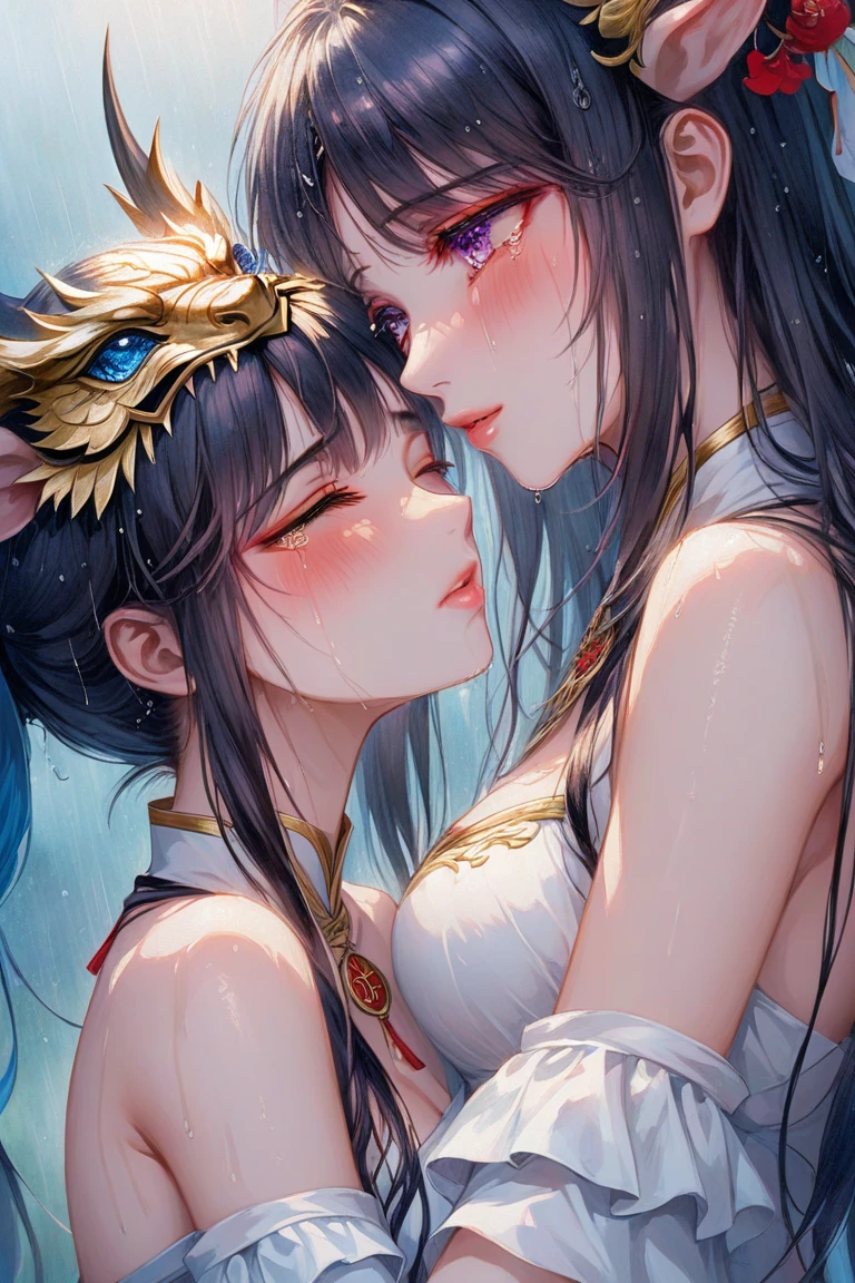 two mature women kissing, embracing, eyes closed, on old airplane, sunny, range murata, last exile, steampunk, clockpunk, decorative head decorations, extremely long flowing hair, braids, hair decorations, golden halo, art nouveau, revealing panties, beautiful sky, exposed chests, large breasts