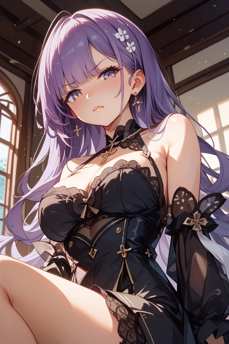 (Best quality:1.2),(tmasterpiece:1.2),(tmasterpiece:1.2),(Mature woman),(choker necklace,ear nipple ring),(In a dimly lit bedroom),(暨:1.2),(Protruding cleavage:1.2),(Micro-underwear:1),((Sex life:1.8))(orgasmc:1.5)(white color hair)(purpleeyes)