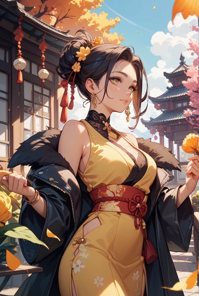 ((Highest quality)),(超High resolution),(Very detailed),(Detailed Description),((The best CG)),(masterpiece),Ultra-detailed art、(Highest quality、8k、32K、masterpiece)、(Realistic)、(Realistic:1.2)、(High resolution)、Very detailed、Very beautiful face and eyes、1 female、Tight waist、Delicate body、(Highest quality、Attention to detail、Rich skin detail)、(Highest quality、8k、Oil paints:1.2)、Very detailed、(Realistic、Realistic:1.37)、Bright colors、Beautiful Japanese Woman、Detailed face、Smooth Skin、Big Breasts、"A Chinese woman working in a futuristic Chinatown、Elegant and modern Chinese dress(Qipao)I am wearing。This dress is moisture wicking and quick drying.、Breathable、Wrinkle-resistant、Made from durable, high-performance fibers、Has a silky shine。The color is deep red、Emerald green、Royal Blue、gold、Traditional Chinese colors such as silver。The dress is tight-fitting and shows off the body line beautifully.、Stand-up collar(Mandarin Color)Features intricate embroidery and piping。Cap or short sleeves、Traditional Chinese buttons line the front、Side slits for ease of movement。dragon、Phoenix、flower、Embroidered motifs such as clouds are applied.、Pair it with flat shoes or low-heeled pumps.。These shoes are also embroidered and beaded.。She wears simple Chinese style earrings、necklace、Wearing accessories such as bracelets、Traditional hair ornaments(Hairpins and hairpins)We are using。The scene is、In a vibrant and colorful Chinatown environment、A vibrant store、Hanging lanterns、Surrounded by bustling open-air markets、It looks like they are graciously serving customers.。The background combines traditional Chinese architectural elements with futuristic elements.、A vibrant and dynamic atmosphere is depicted。"