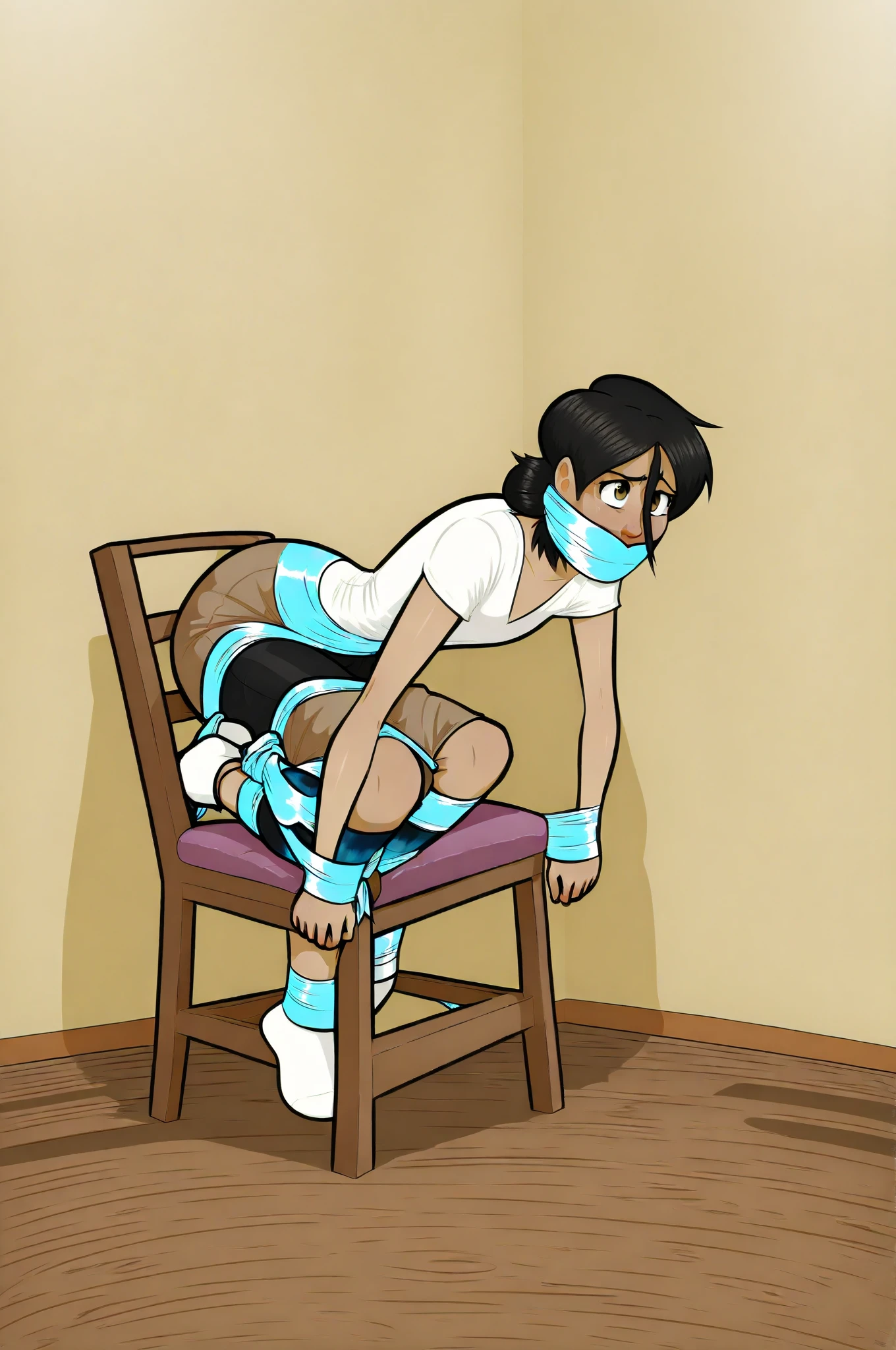 (bright lighting,romantic setting),bride,(((only))), captured, dreamy background,bondage , soft skin, alluring beauty, artistic portrait, high-quality image, vibrant colors,in the bed,tape bondage,tape gag,sit on a chair, Focus full body, barefoot, look at the chamera 