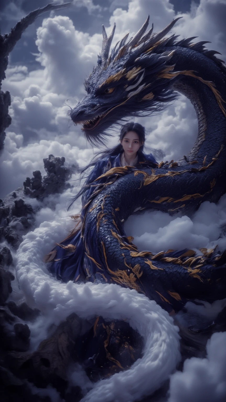 *تحفة 8K, Top quality, Best quality, Official art, (Beauty and aesthetics: 1.3), Very detailed, (Fractal art: 1.3), Colorful, Ice and Chinese Dragon, Serpentine body, claw, Sky blue and 1 Woman, , Hanfu, Sky blue,Near the village in the lake