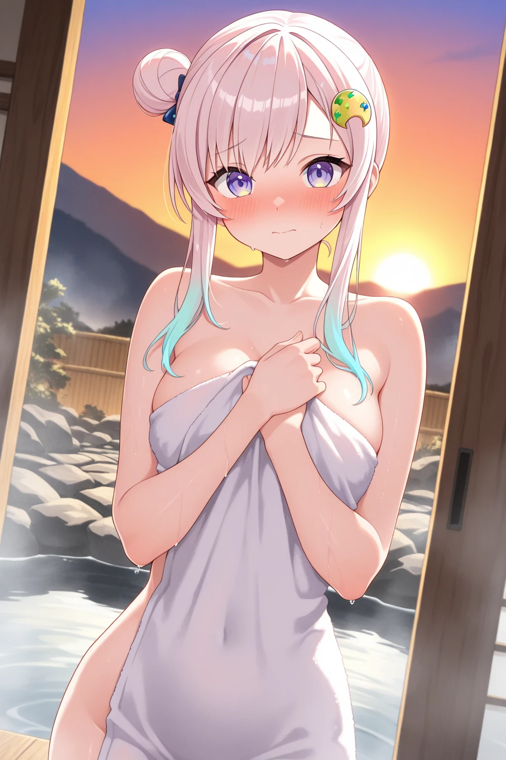 1girl in, White hair, Purple Eye, sportrait, Photorealsitic, a towel, (Onsen), side lights, Wallpaper, NSFW,Shy