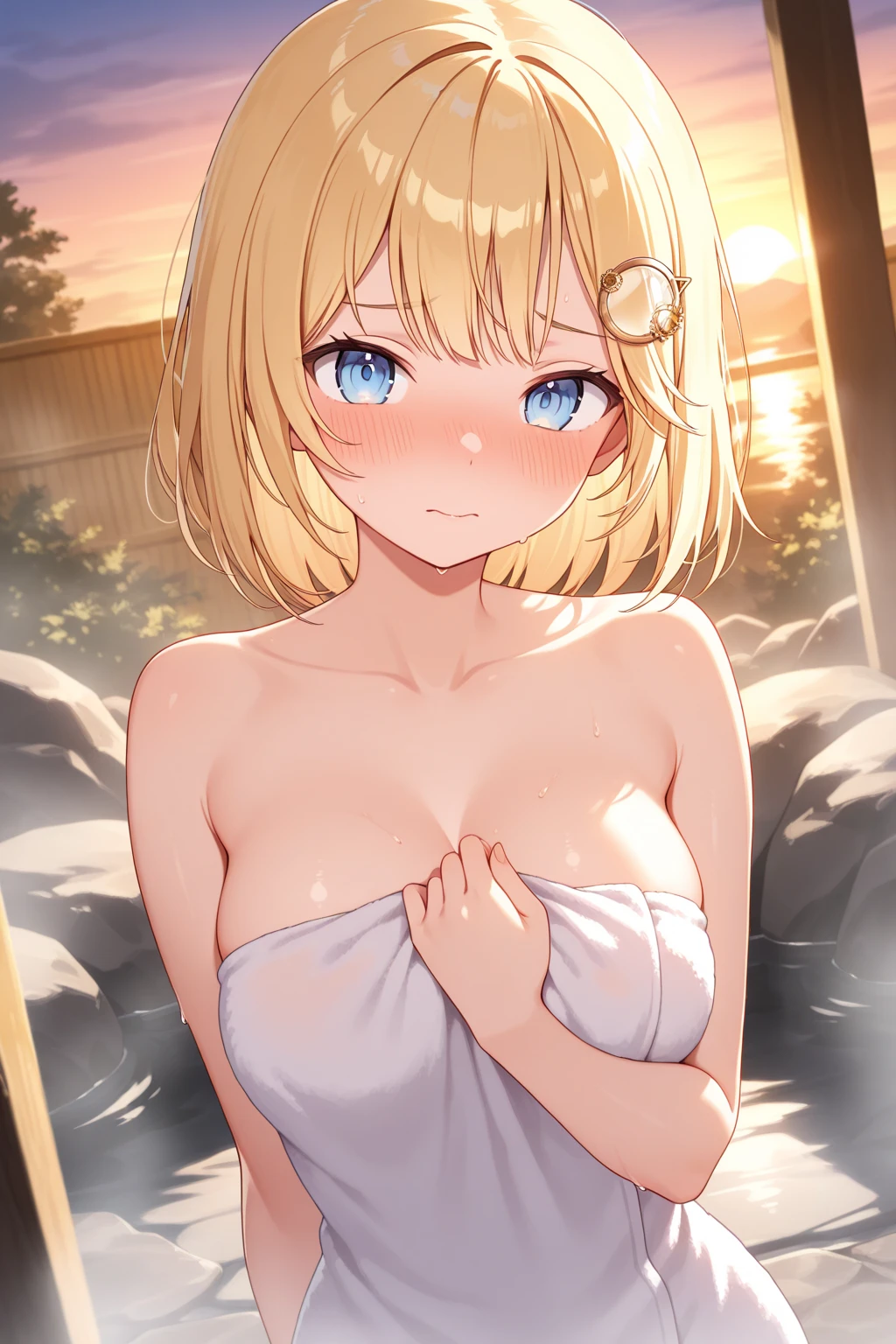 Blonde hair, short hair, hair band, Purple eyes, 16 years old, , Hollow Eyes , Large Breasts, Nipples, , , Heavy snowfall area　frozen, wet, Are crying,　Naked girl frozen、  alone, smile,  naked
