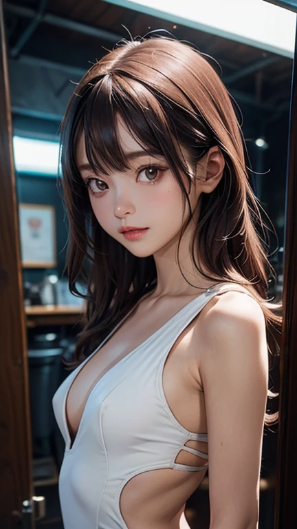 toppless、(masterpiece), (超A high resolution), (very intricate), (Exquisitely detailed), 1girl in, ,(F1.4, 1/800s, ISO 100, Photorealsitic)、barechested、Threadless、Realism、Dark hair、Crystal clear water、Wet body、wetting hair、 up looking_で_breasts and from above,, 、A smile、 Hide with a towel、20 years girl、Full body like、Slim body、a large bust、Alone、hot onsen、Standing posture、see -through、japanes、、Back lighting、Twintail 、pubick hair、teats、The areol