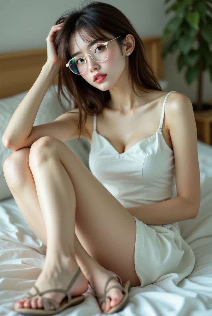 (Best quality, masterpiece, detailed), (RAW, 4k, hd images), shy, 1 girl, 17 years old, white skin, long hair, ponytail, layers hair, bangs, black hair, beautiful girl, cute girl, sweet girl, pretty girl, perfect girl, perfect body, pretty eyes, blue eyes, thin lips, (eye line, lip stick soft), perfect , glasses(detailed frame), indoors, smile, thigh, legs, long legs, gown, lying on the bed, white wall background, pose like a model, full body, cenimatic light