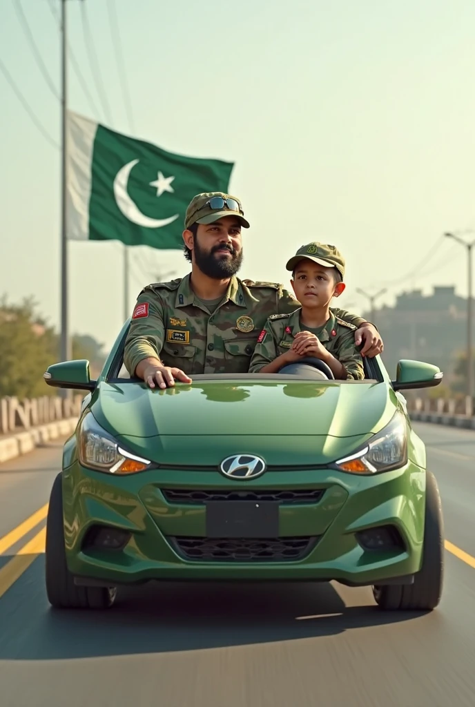 A boy standing over the Fortuner the tapping of Fortuner is green color and Pakistani flag is hanging over the car and boy shirt color is green wearing a mask and Qadeer is written on the shirt of boy