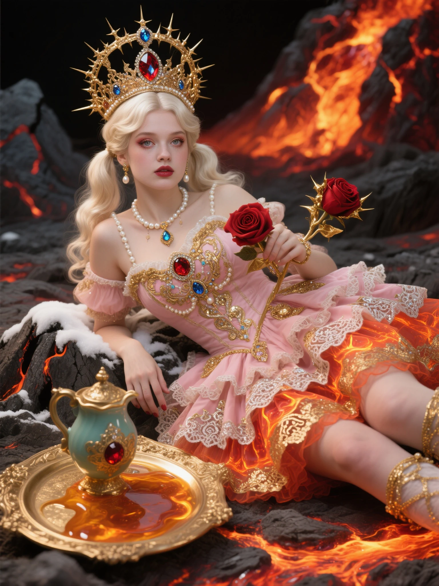 a doll dressed in a color dress, magic fantasy highly detailed, baroque color palette, detailed face with mask, ultra - realistic and intricate, the red queen, colorful light leather armor, prima ballerina in rose garden, highly detailed clothing, lady, realistic. detailed ,feathers,wind blowing hair flying