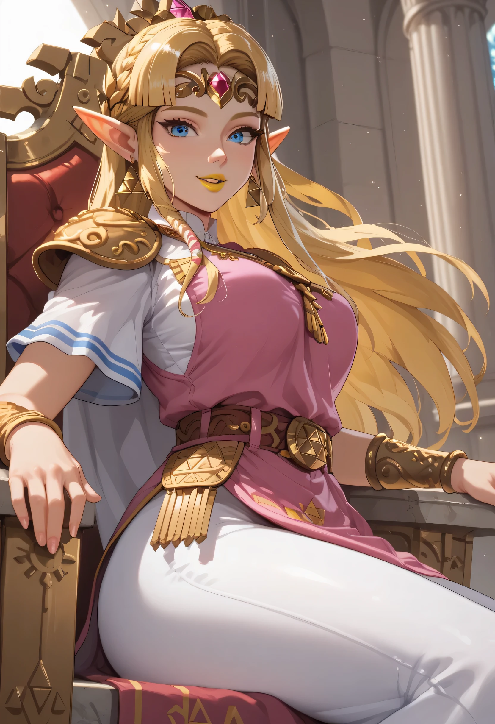woman, big breasts, anime style, yellow lipstick, white skin, blonde hair, blue eyes, looking at the viewer, focus on the character, side view, sensual smile, bottom view, amazing lighting, elf ears, palace, sitting on the throne, long hair, Princess Zelda (The Legend of Zelda), Princess Zelda