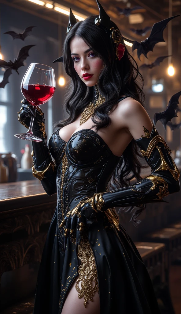 F/2.8, ultra insane high resolution intricate textures, texture indentation, perfect viewpoint, perfect geometry, ultra insane ambient lighting, ultra insane ambient shadows, Insane RTX, Ultra detailed busy tavern background, In a dimly lit warm cozy tavern in the Middle Ages、There is a beautiful woman sitting at a table drinking a glass of water, At night, Near the fireplace, fantasy character photo, Amazing blue eyes, Red lips, Perfect body in an amazing dress
