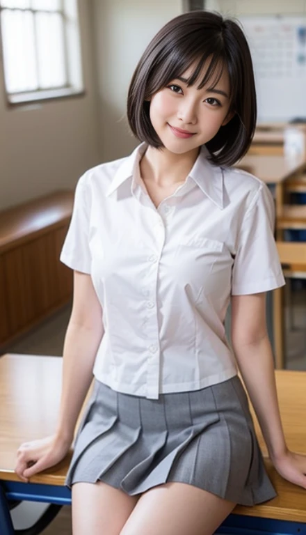 Highest quality、Realistic、、Japanese、zoom、Girl、student、cute、classroom、Grey Eyes、Light brown hair、ponytail、White short-sleeved open-collar shirt、Grey pleated skirt、thin、Small breasts、Small breasts、Cowboy Shot