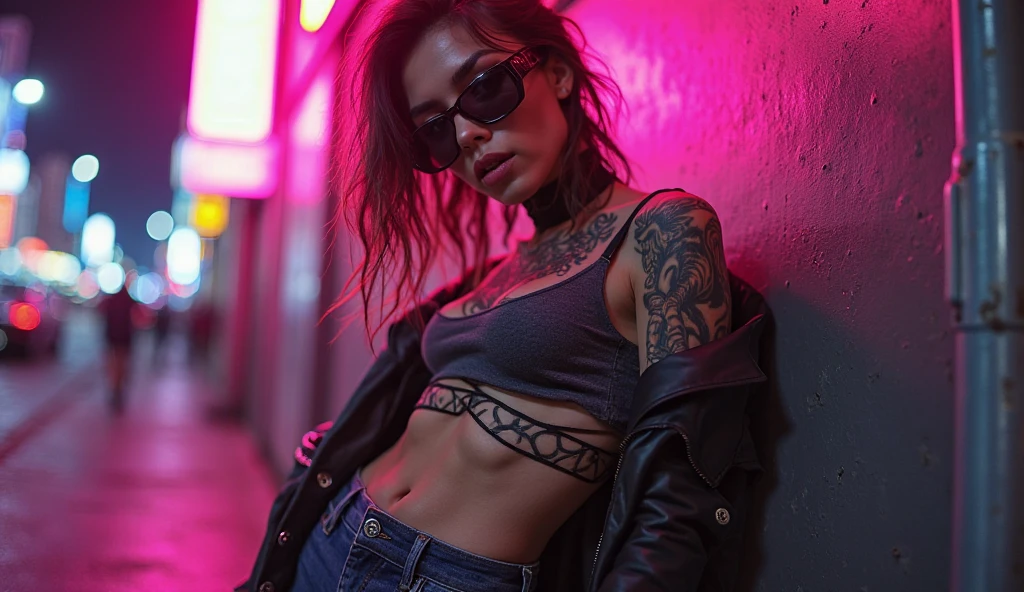 whole body, cyberpunk, filming with a cell phone woman with hair tied up with cyan tips, choker, croped, little jacket, piercing no umbigo, piercing no nariz, rib tattoo, super skinny, age 25, White pants, holding a cell phone, Reporter, midia girl, Looking at cell phone, clear eyes, celebridade