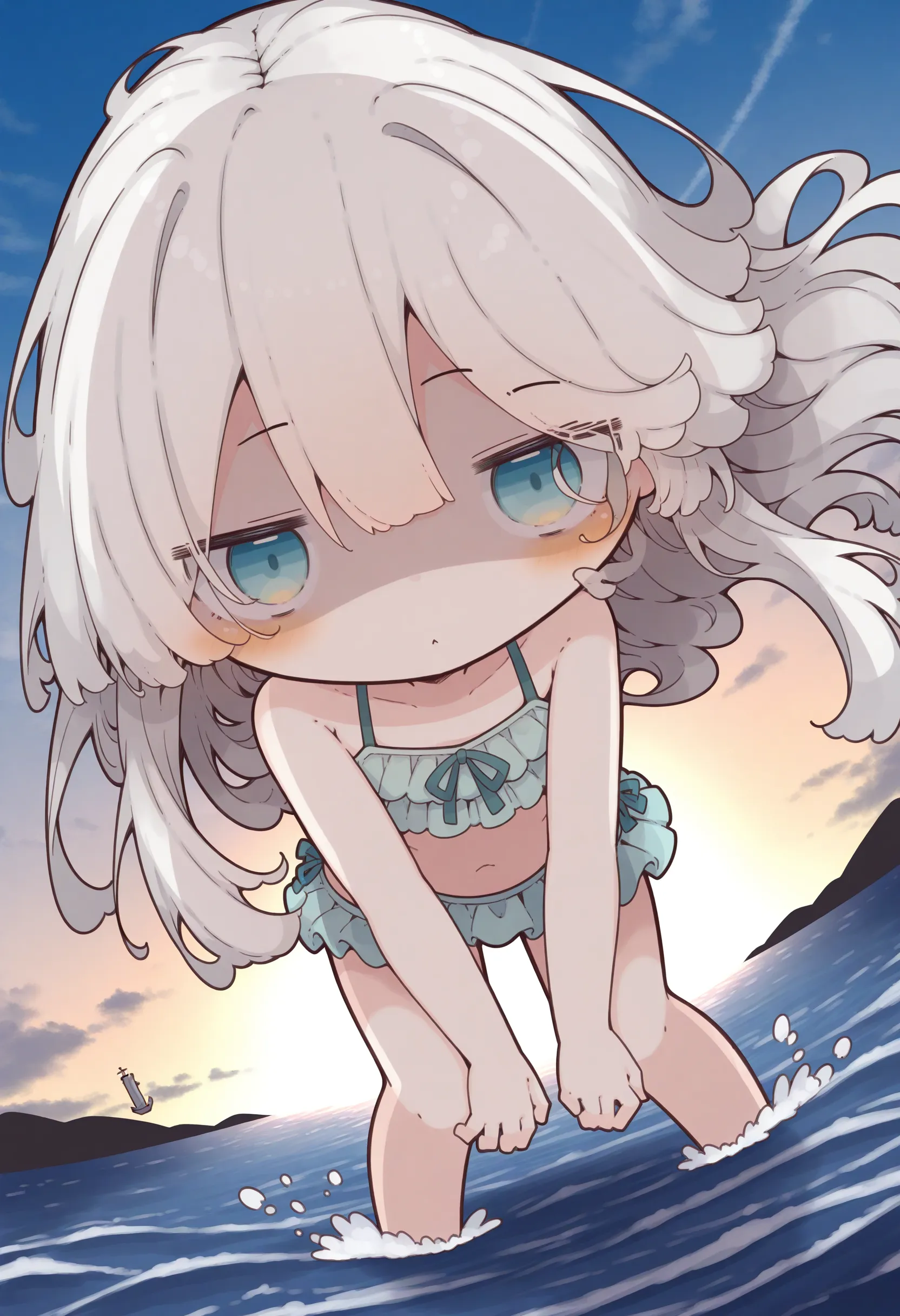 8k、master piece, Best Quality、Cute little girl s,pale blond hair, Blue eyes,Twin-tailed、blonde hair,Blue sky,Kaihuai,view the viewer,Lens Flare,Dramatic, Coastal、toppless、NSFW、teats 、pink areolas、barechested、All nude、wearing no clothes、sitting on、A look of shame、Soft lighting、extra detailed face、extremely detailed eye、((flat breast))
