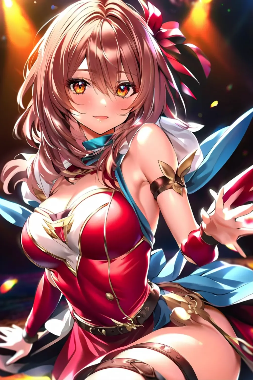 best quality, masterpiece, extremely detailed CG, official art , professional lighting, detailed background, sakimiyairuka, red hair, green eyes,(one side up), medium hair, green scrunchie, hair ornament, gleaming skin, big breasts, groin, cameltoe, (micro bikini), smile, one eye closed,