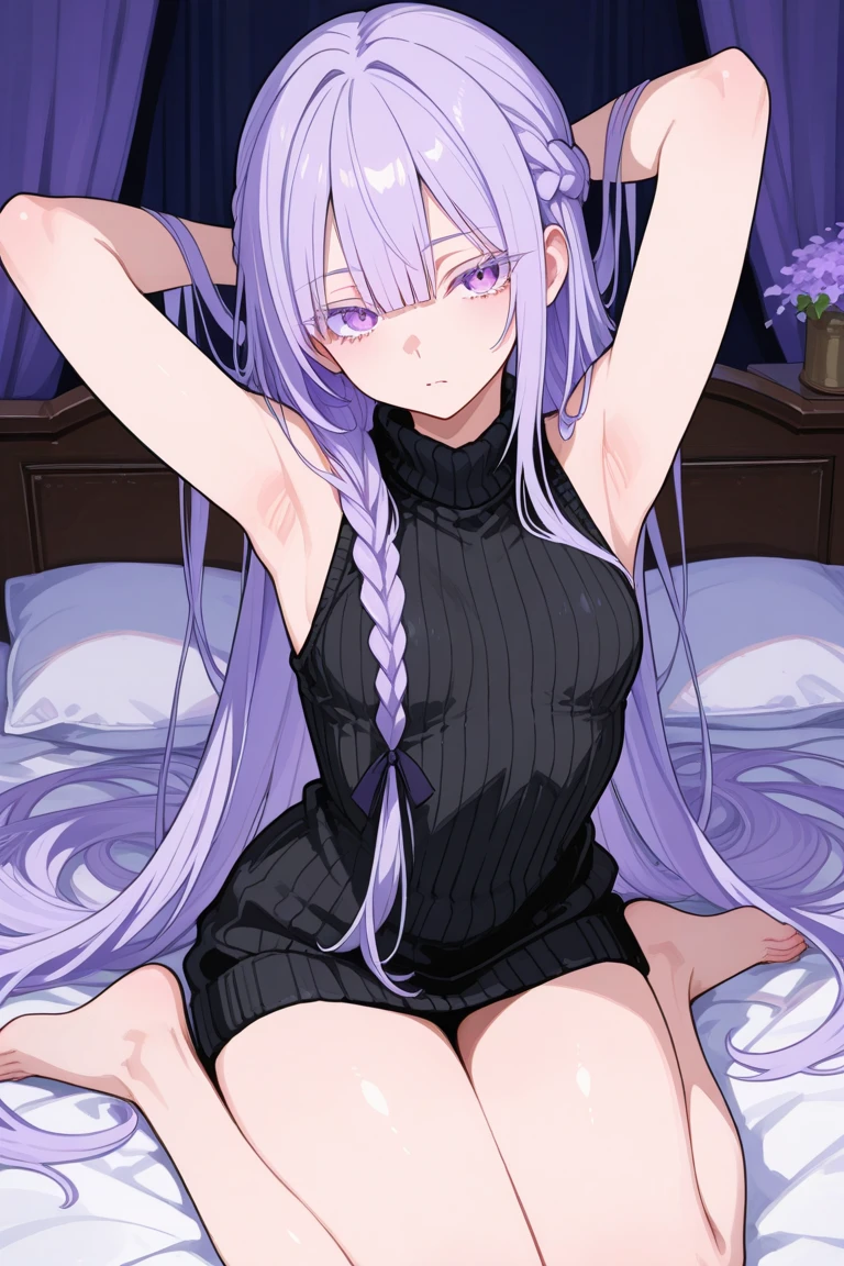 Athena，Extra long purple hair，Purple Eyes，Black one-piece dress，The long jumpsuit is very sexy，barefoot，A black hole in the background universe，Purple black hole please，This time the drawing is better and the proportions of the characters are more normal.，Better posture