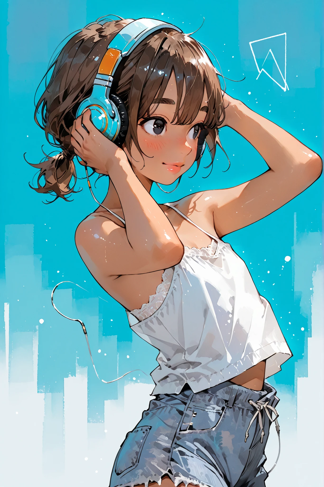 1girl,Super Detailed,absolute resolution,(dynamic angles),(tanned skin:0.5),(tanlines:0.3),(portrait),(pinup),from side, cowboy shot, 
(Dancing),(hand on headphones:1.3),
white Spaghetti Strap Camisole,(untucked camisole),skyblue board shorts,,headphones,
detailed and beautiful face and eyes,black eyes,[[big eyes]],(Freckles:0.7),(Thick lips:0.8),((Thick eyebrows)),Japanese girl,flat chest,(round nose:0.5), 
brown hair,low ponytail,short ponytail,choppy bangs,hair over both eyes,(messy hair:0.7), 
(blush:0.8),(nose blush:0.8),[light smile],(parted lips:0.7),Watercolor anime,


