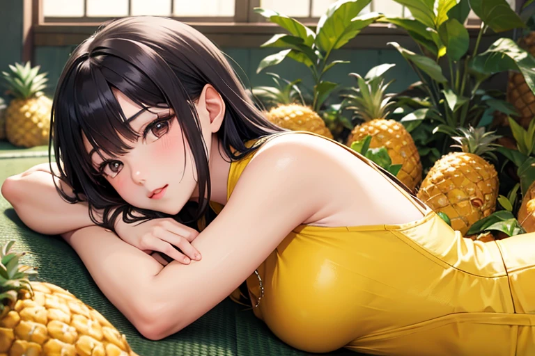 1girl, solo, anime girl in orange top, licking a banana, brown hair, brown eyes, masterpiece, best quality, realistic, hyper-detailed, shiny skin, sweaty, slender, small breasts, , sfw, ecchi, sensual, shoulders showing, dynamic lighting, high resolution, sharp focus, depth of field