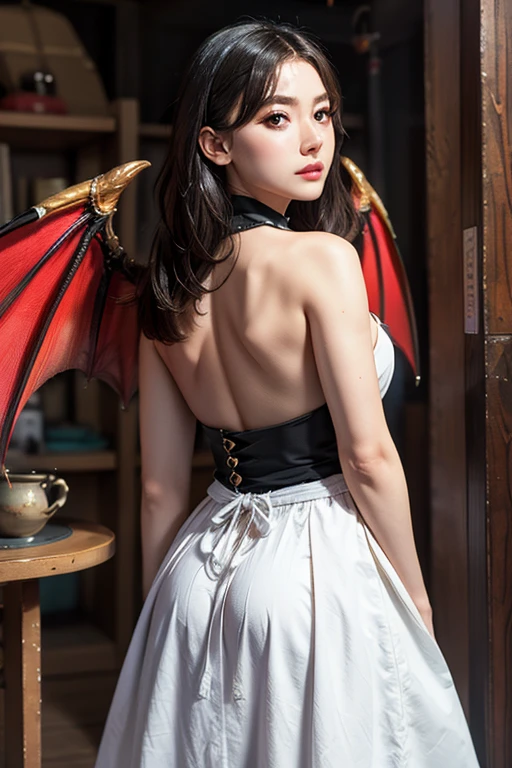 ((obra maestra+La mejor calidad+High resolution),(dreamy atmosphere+Soft lighting),(1 character),(Mysterious expression+Poses elegantes),(cabello suelto+ojos brillantes), (Dragon horns and wings), (magic costume+detalles delicados))