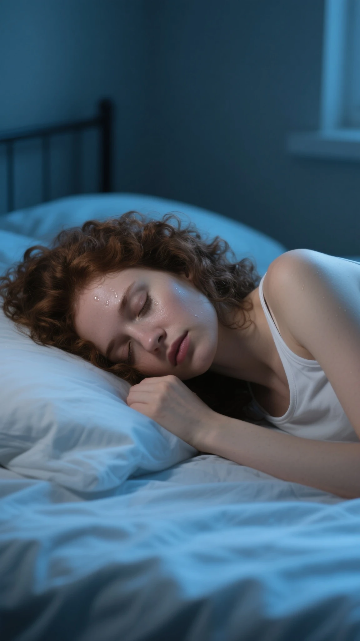 The image is a detailed illustration of a woman with long, flowing hair and a greenish hue, lying on a bed in a relaxed position, wearing a gray tank top, Super resolution, Megapixel, ProPhoto RGB, VR, Bullish, epic, half back lighting, backlights, natural lighting, incandescent light, fiber optics, lighting mood lighting, cinema lighting, studio lighting, soft lighting, volumetric, sharp contrast, dark lighting