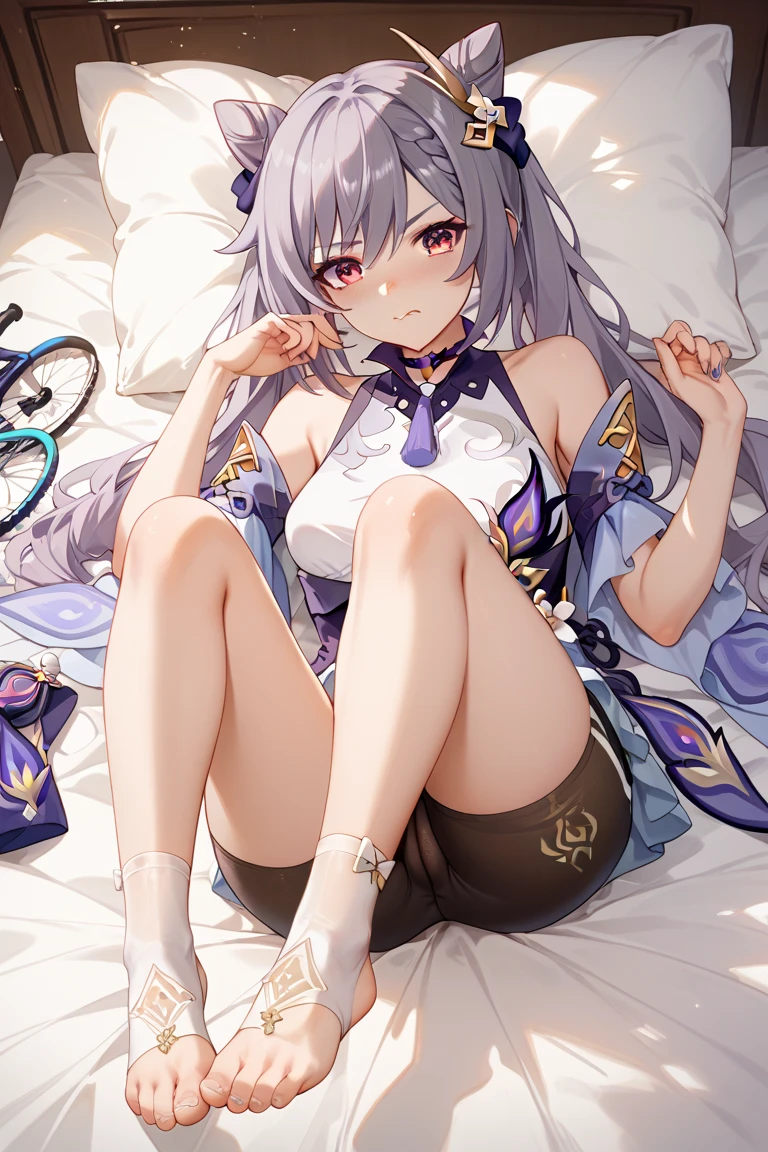 score_9, score_8_up, score_7_up,source_anime, high res image,masterpiece,best quality,girl,cute face,clear skin,keqing_genshin,panties,lying,spread legs,