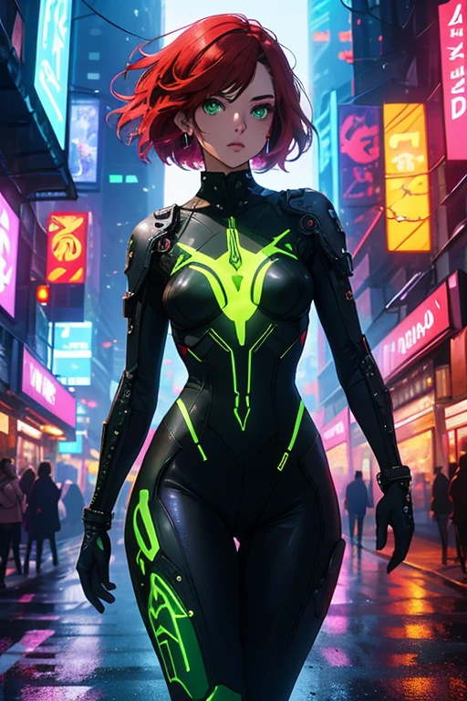 ((Best quality)), ((masterpiece)), (detailed: 1.4), (Absurd), Hot Latin woman fighter pilot ready for war, dark skin, lightning and lightning, muscular sculptural body defined, (((full body)))), bare half-thick thighs, closed mouth, muscular body covered in green technological clothing, Neon Genesis Evangelion style, cyberpunk, generous neckline, ((perfect small breasts)), (black eyes without pupils), ((totally green outfit with white rays)),  (((short straight dark red hair with ponytail)))), long black eyelashes heavy makeup, garter belt, by mucha, niji --V5, close to real, psychopath, crazy face, sexy pose, red and white background, 2 piece clothing, pastel, centered, scale to fit dimensions, HDR (High Dynamic Range),Ray Tracing,NVIDIA RTX,Super-Resolution,Unreal 5,Subsurface dispersion,  PBR Texture, Post-processing, Anisotropic filtering, Depth of field, Maximum clarity and sharpness, Multilayer textures, Albedo and specular maps, Surface shading, Accurate simulation of light-material interaction, Perfect proportions, Octane Render, Two-tone lighting, Wide aperture, Low ISO, White balance, Rule of thirds, 8K RAW, crysisnanosuit