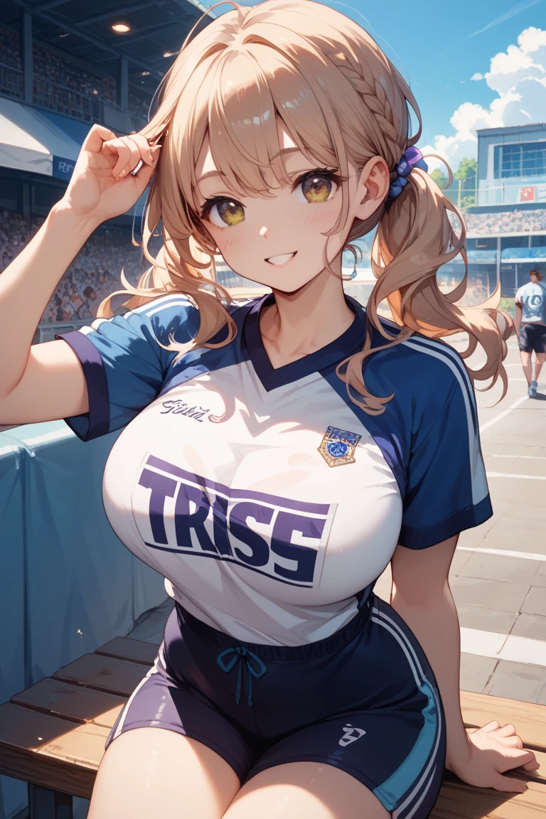 ((Highest quality)), ((masterpiece)), Anime Style、Perfect Face, 1girl, Blonde、ponytail、Green Eyes、Large Breasts、Wearing a navy blue T-shirt、(solid shirt), cowboy shot、smile、front、In a large stadium-like gymnasium、Logo on the floor、night、Hard nipples、
