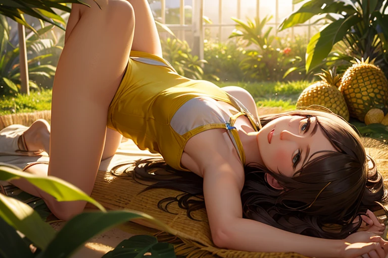 full body sleeping woman on bed, yellow tiger bikini
