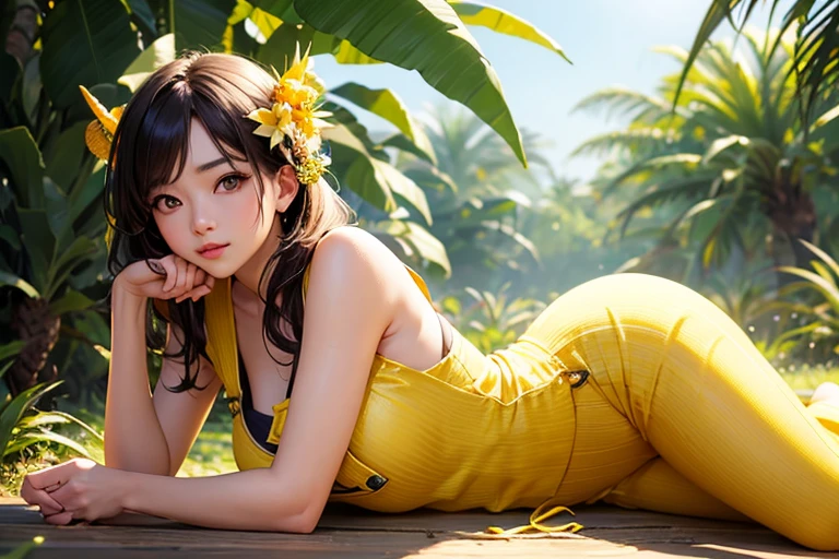 Escape to a tropical paradise with a woman dressed in papaya-colored clothes, Surrounded by lush papaya and exotic flora. This retreat captures the beauty and warmth of the tropical essence of papaya.