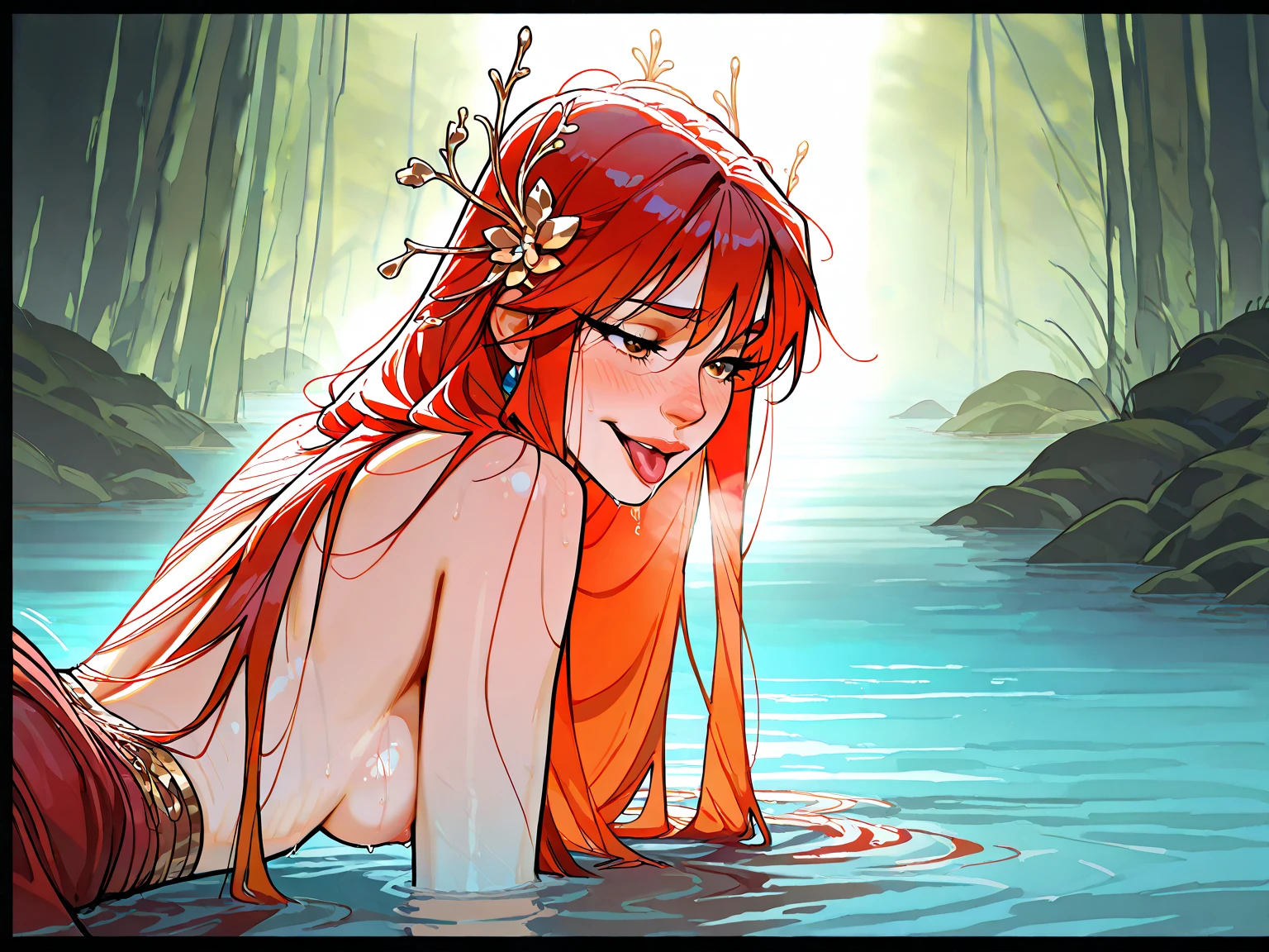 (1girl, solo:1.2, (girl is standing the water, surprised) ), (girl is nude, (redhead long hair), (detailed olive eyes, face), (healthy body)), (background, enchanted forest, waterfall), (detail):1.1