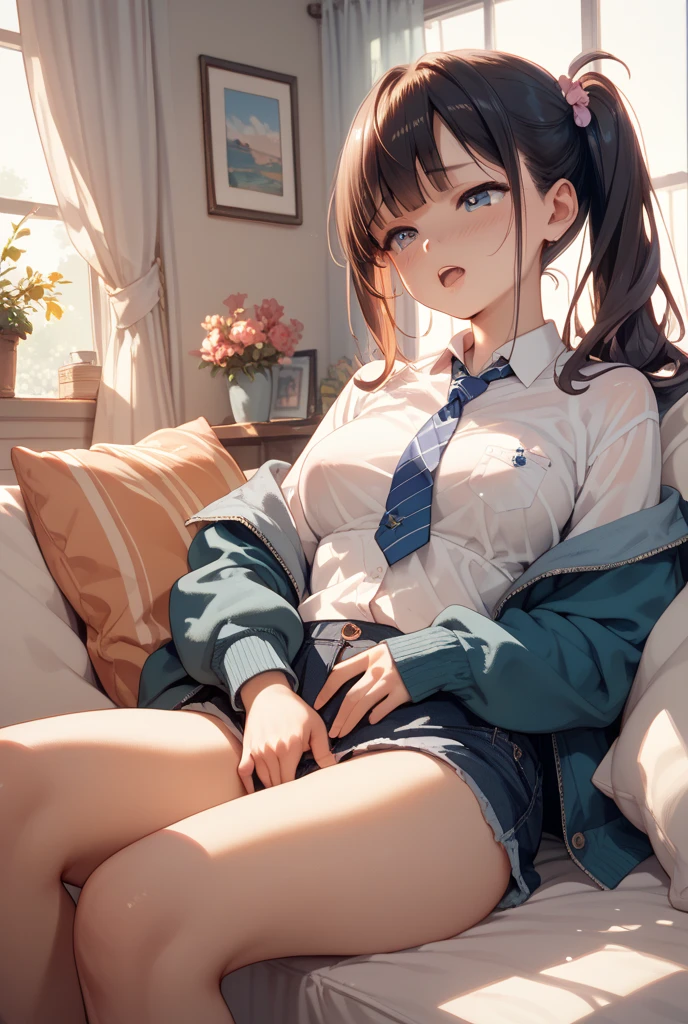 Photorealism、Highest quality、Ultra-high resolution、Browsing Caution、Girl in uniform sitting on bed、M-shaped feet:1.4、She opened her legs wide:1.5、Sit with your knees bent and your legs apart、((Showing panties:1.5))、A sexy look for the camera、((Blonde))、((pink silk panties))、((Panties close up:1.2))、Light blue shirt、Dark blue tartan check pleated skirt、Dark blue socks、A cute and beautiful face down to the last detail、(Purelos Face_v1:0.008)、Brown eyes、eyeliner、blush、Embarrassing、Glare、 Glossy Lips: 1.4,  impatience、It was scary、Glare、Panty Appeal、blush、はAre crying、Are crying、Open your knees、Spread your legs、Disheveled clothes、dressing、Medium Long Hair,In the bedroom、Anatomically Accurate human body、Perfect Arms、Perfect hands、Perfect Fingers、Perfect Legs、Accurate human body、((View angle from below:1.3))